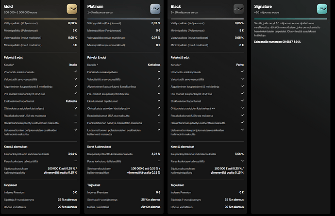 Screenshot_2025-10-26-16-26-59
A new generation private bank has now been launched in Nordnet, also in Finland. The loan interest rate reduction is at least welcome, even if not much else changed quickly at the lowest entry level.
EDIT: It seems there’s a drawback here: other portfolios of the same household (child) dropped out of the more favorable pricing.
Private Banking’s interest rate indeed dropped today at Nordnet to the current gold loan level (3.94%), but I have mixed feelings about the reform since the tiered levels are practically impossible to reach (the first step up from the basic level requires 1M, proper benefits and a clearly lower interest rate only at the 10M level) and the terms and conditions have subtly included “Private Banking level customers will also not be able to activate the Superloan feature in the future.” Especially the latter bothers me.
Previously, the Superloan interest rate was significantly lower for a long time, even at the silver level, than this Private Banking rate, and it was possible to move between levels. I guess the Superloan interest rate will also come down soon after, and then one can ponder whether to give up Private Banking if the difference in interest rates is significantly favorable to the Superloan.
I bet that gold-tier interest rate and Superloan are the same thing. If the Superloan rate drops, so does the gold-tier rate. Otherwise, it makes no sense.
//
The loan interest rate dropped to 3.94% and you can no longer share your account benefits with family members. These are probably the two things I spotted. Of course, one shouldn’t forget the most important thing, which is the gold-plated theme in the app.
I quickly looked at this new, tiered model from Nordnet and didn’t quickly notice that anything had changed for me (I’m on the lowest tier). Did I miss something essential, or does this continue as before (i.e., is there a catch here?)
I still find it a bit questionable that Nordnet’s pricing is discussed in this thread just because the name of the pricing tier happens to be “Private Banking”. In my opinion, the pricing tier doesn’t make the service Private Banking even if it’s named as such. On the other hand, the thread starter specifically meant Nordnet.
The new Signature tier, however, could to some extent meet the definition of Private Banking, as it involves tailoring the service to the client. For other tiers, it’s about the same kind of customer level as other tiers. Meaning you get a certain commission, certain interest rates, and so on. Plus a few extra services. No customization, no personal advice, no wealth management. So it’s not a so-called private bank/private banking service, and the name doesn’t make it one.
I quickly looked at this new, tiered model from Nordnet and didn’t immediately notice anything had changed for me (I’m on the lowest tier). Did I miss something essential, or does this continue as before (i.e., is there a catch)?
A weakening, at least for family members, meaning the Gold tier is only for the customer themselves. But otherwise, it seems to be similar.
It does make sense from Nordnet’s perspective if people don’t easily switch to a cheaper interest rate, for example, if a situation arises where the gold loan is 3%, the silver loan is 4%, and private banking is 3.94%, and the portfolio’s leverage varies between the gold and silver loan.
It’s certainly unfortunate and a worsening from the user’s perspective at that point. Previously, one could change the interest rate tier by messaging customer service (and many also had an agreed upon / customized interest rate level possibly in use).
From Nordnet’s perspective, perhaps so, if one thinks that it wouldn’t drive people away, or at least reduce the use of leverage. It’s too clear a deterioration for customers for professionals to implement it like that. But we’ll see how it works over time.
Those agreed and customized solutions are probably still in effect, but this is also just speculation.
An interesting update from Nordnet. At least at a quick glance, because the interest rate for the first tier of Superluotto (Super Loan) and Private Bank is practically the same. However, Superluotto has conditions regarding portfolio allocation and the amount of leverage. Now these are no longer required for PB’s interest rate tiers, and leverage can be used freely, with the benefit increasing according to the tiers. If this is indeed the case, then my own investment diversification to other brokers will significantly decrease.
Then one can, of course, complain about the huge difference in PB price lists between Sweden and Finland, and especially at these higher tiers, the differences are really significant.
On the other hand, Nordnet is a business, and since there is practically no real competition for private individuals’ money in Finland, this is the result. Competition is also unlikely to emerge in the future, because this small nation, taxed into destitution, is of no interest to any foreign company.
![image