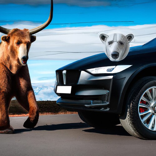 DALL·E 2023-01-26 14.50.26 - photo of a bear and a bull with horns in front of a tesla
