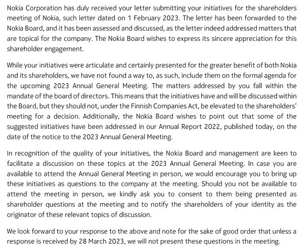 Nokia BoD answer to shareholder initiatives and question AGM 2023
